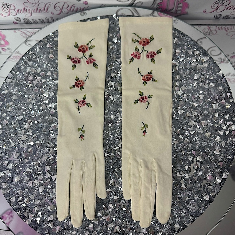 1950s cream mid-length gloves with embroidered flowers made in france rare vtg